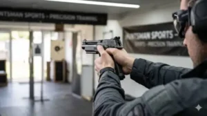 Close-up of a professional shooting stance and 60/40 grip for advanced air pistol techniques at an indoor range.