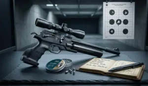 Advanced PCP air pistol with rifle scope resting on slate workspace with .177 pellets and shooter's training logbook at an indoor air pistol shooting range.