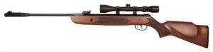 Kral Arms .22/5.5mm Devil Walnut Break-Barrel Air Rifle Combo Package w/ Scope, Bag & Pellets Kral Arms Devil .22 break-barrel air rifle with walnut stock, mounted scope, gun slip, and tin of pellets