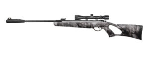 Kral Arms .22/5.5mm Champion Skull Thumbhole Air Rifle Combo Package w/ Scope, Bag & Pellets Kral Arms Champion Skull thumbhole .22 air rifle combo package with mounted optic, gun bag, and tin of pellets